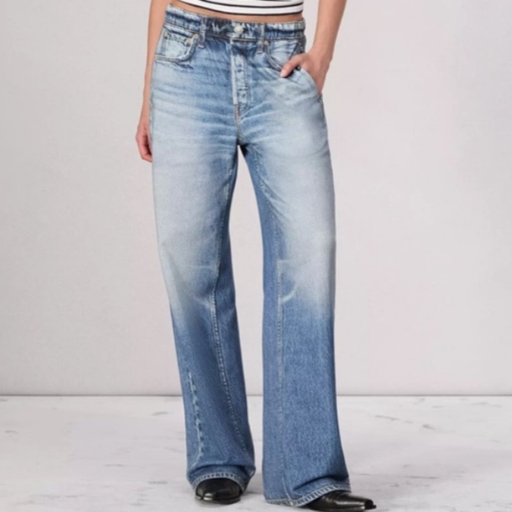 Mila Rosabella Sweat Pant Mid Rise Loose Wide Leg Faux‎ Jeans Acid Wash Blue M
